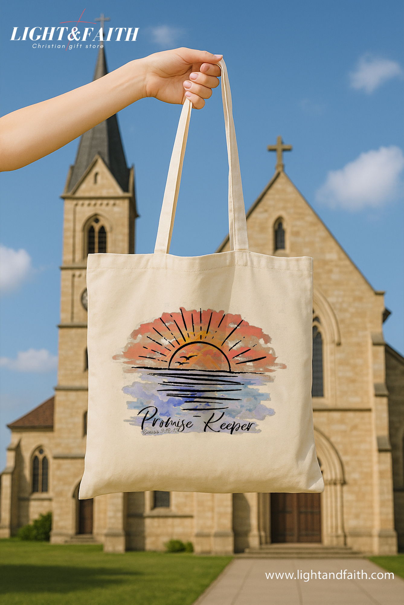 Promise Keeper Tote Bag, Christian Sunset Canvas Bag with Genesis 9:12-15 Verse, Rainbow Covenant Bible Tote, Faith Inspirational Gift TBLAF44
